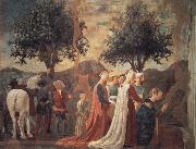 Piero della Francesca, Die Konigin von Saba betet das Kreuzesholz an